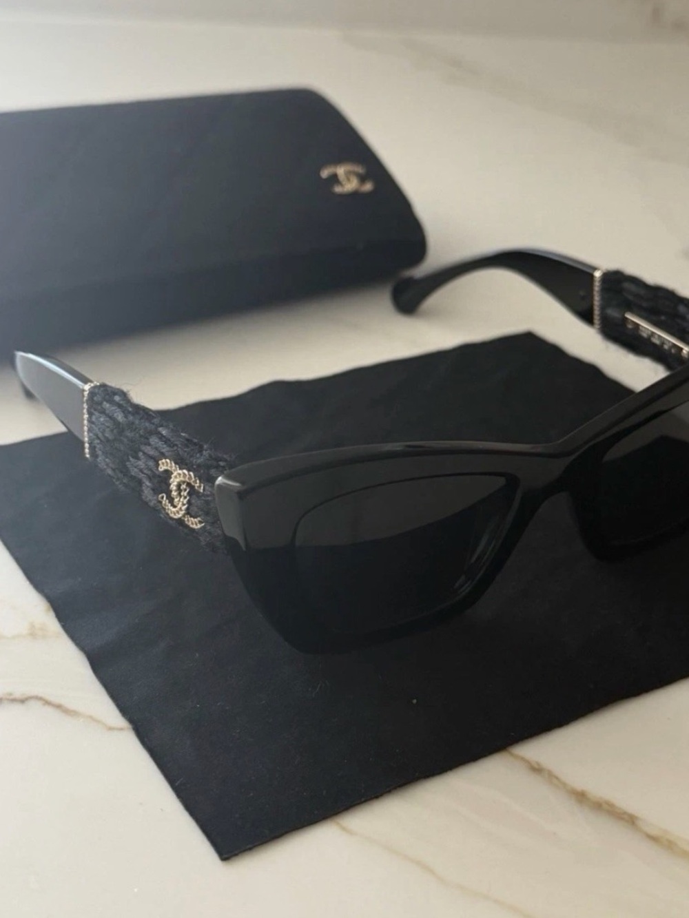 CHANEL Black Cat-Eye Tweed Sunglasses with Gold CC - Picture 2 of 7